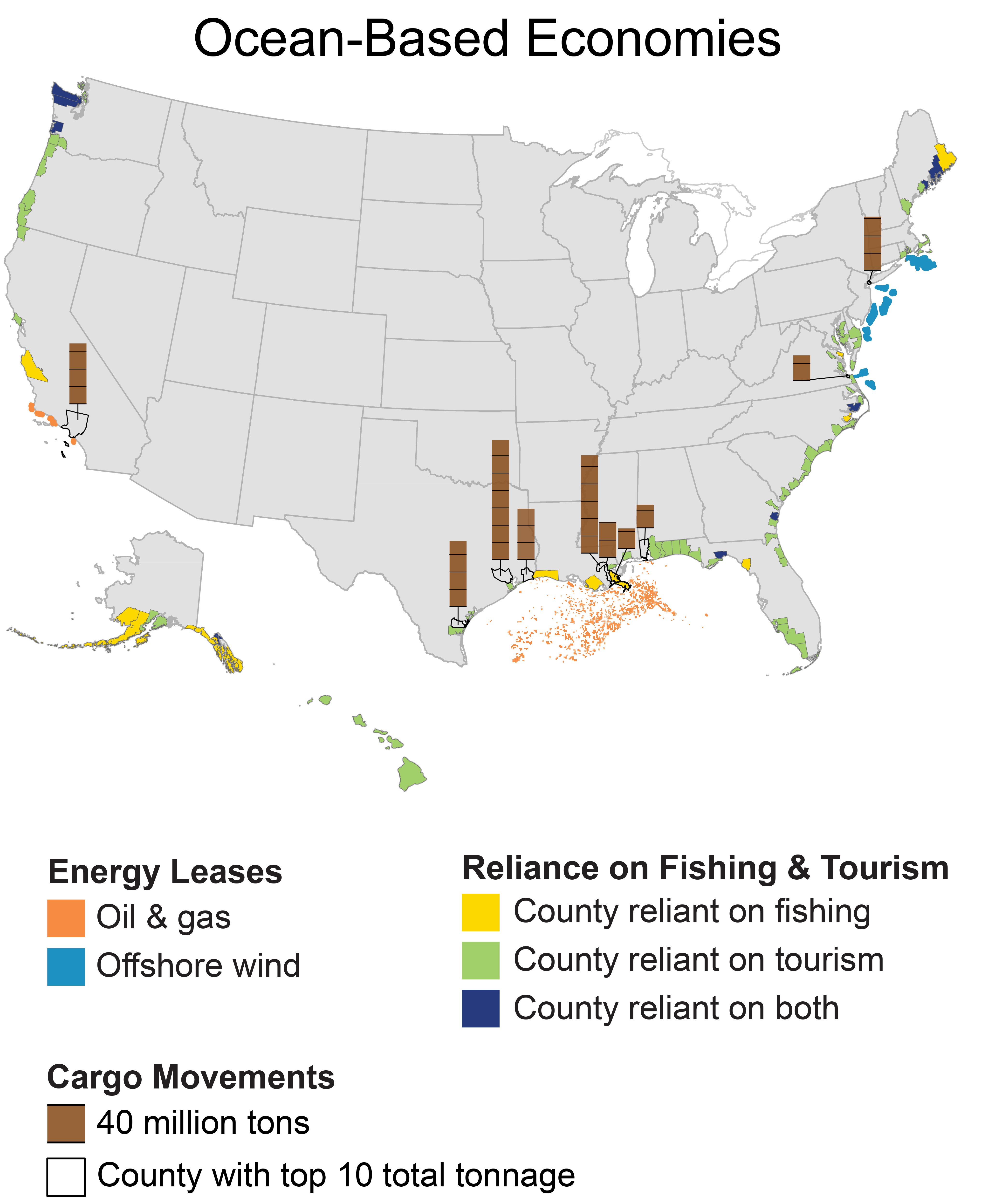 A map of the US showing industries that make up the ocean-based economy