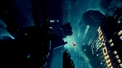 a birds eye view of a futuristic city at night with a flying car